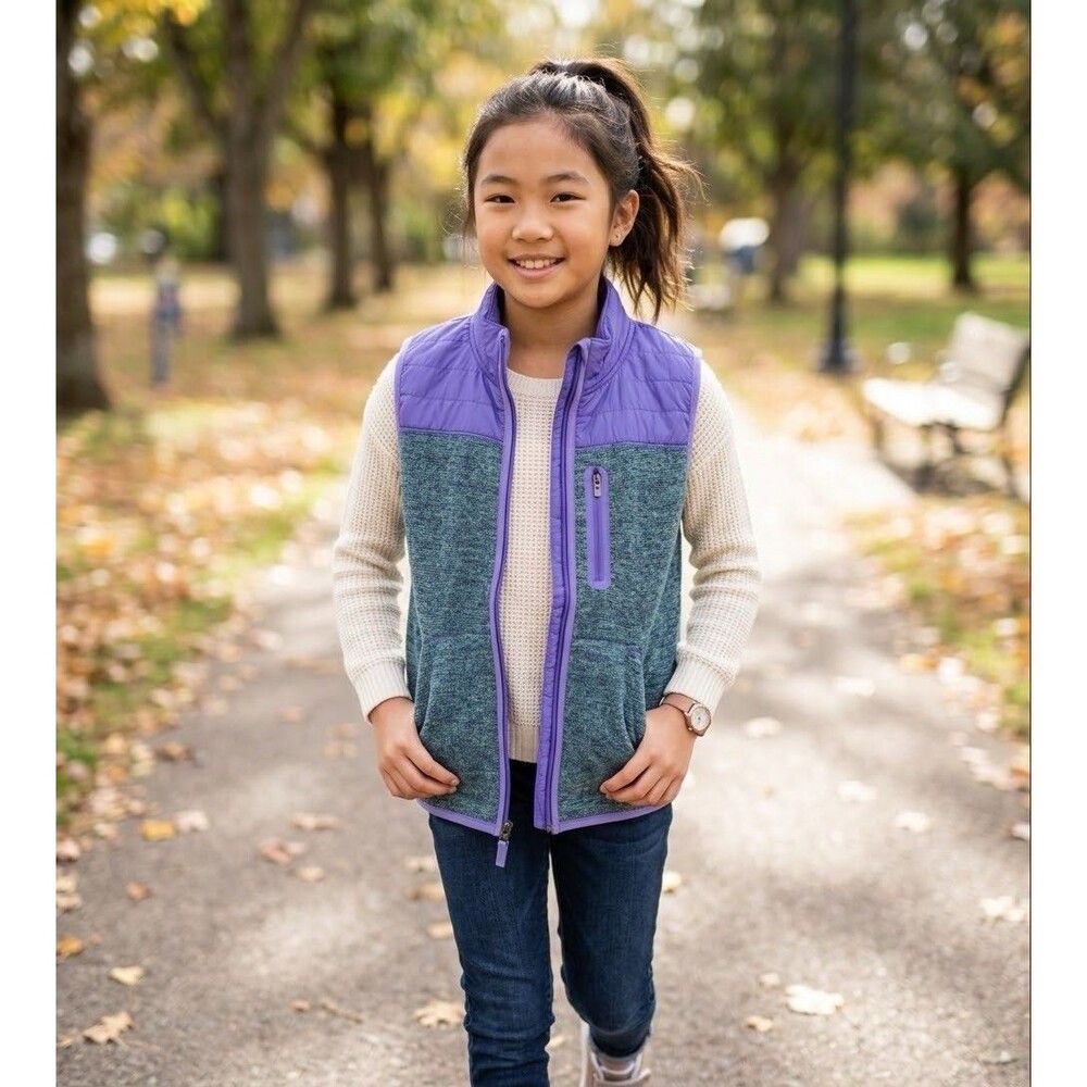 NWOT Cat & Jack Girls Fleece Vest Size L (10/12) Purple Blue Heathered Full Zip